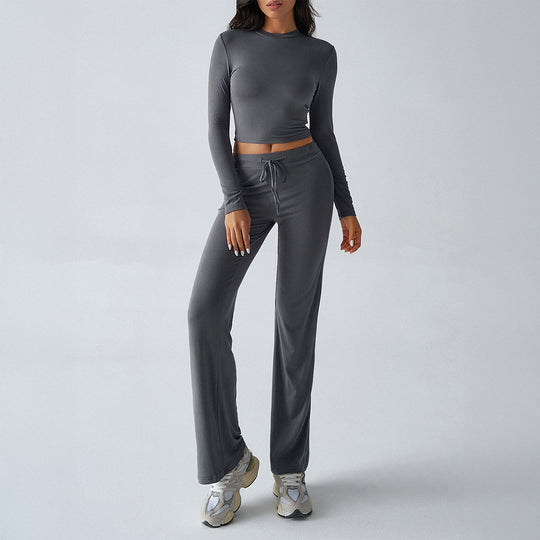 Damen nan tailliertes Longsleeve-Crop-Top und weite Lounge-Hose im Zweiteiler-Set aus Stretchjersey EB