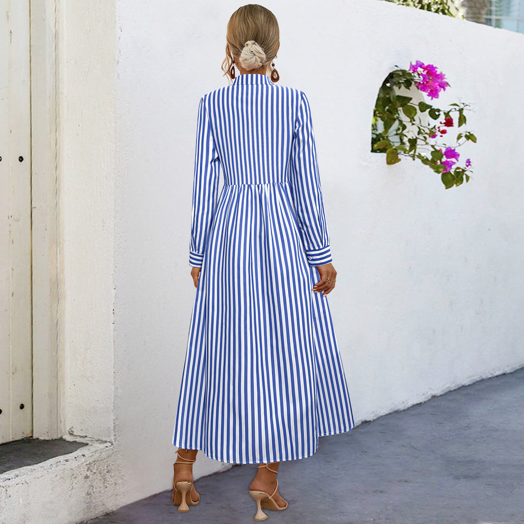 Damen Midi-Kleid mit eleganten Streifen und strukturierter Knopfleiste EB