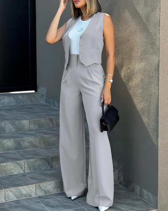 Damen Elegantes Hosenanzug-Set aus hochwertigem Stoff mit tailliertem Blazer und weitem Bein EB