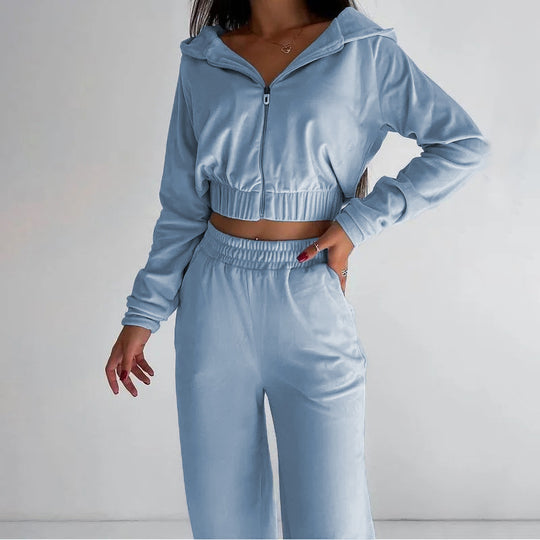 Damen kurz geschnittenes Samt-Lounge-Set mit tailliertem Zip-Hoodie und fließender Highwaist-Palazzohose EB