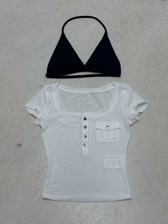 Damen Kurzarmbluse mit angesagtem Henley-Design und praktischer Brusttasche EB