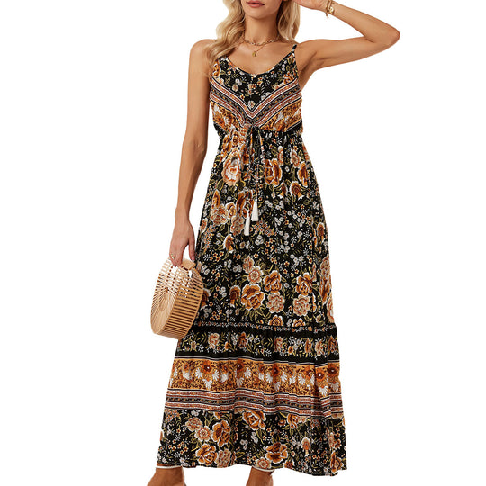 Damen Langes Sommerkleid mit buntem Blumenmuster und taillierbarem Bandeau EB