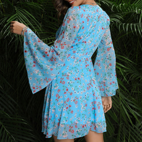 Damen Verspieltes Blumenkleid mit weiten Ärmeln und tiefem V-Ausschnitt EB
