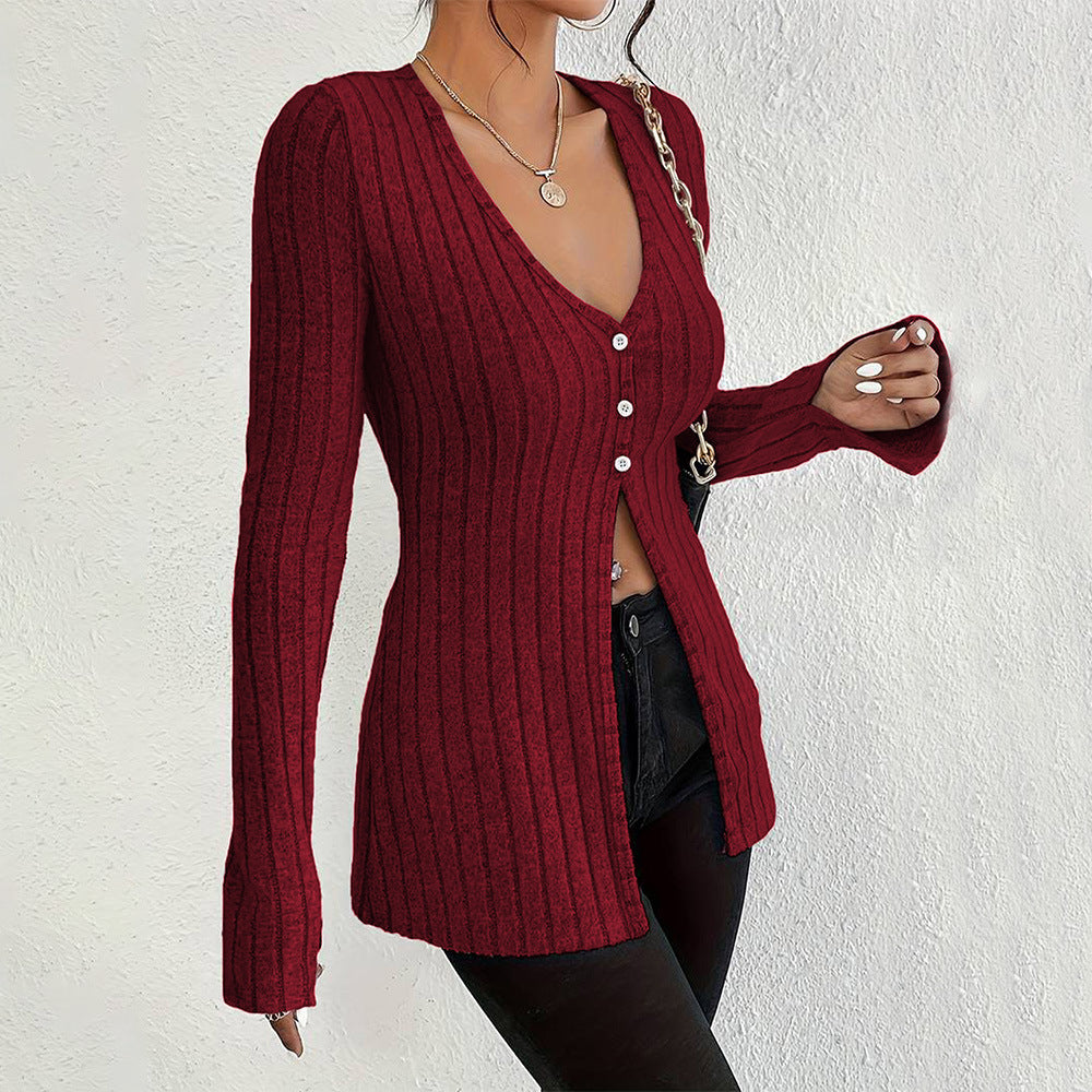 Damen gerippter V-Ausschnitt-Cardigan mit Knopfleiste taillierter Longline-Silhouette Eichborn Berlin