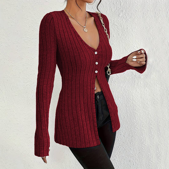 Damen gerippter V-Ausschnitt-Cardigan mit Knopfleiste taillierter Longline-Silhouette Eichborn Berlin