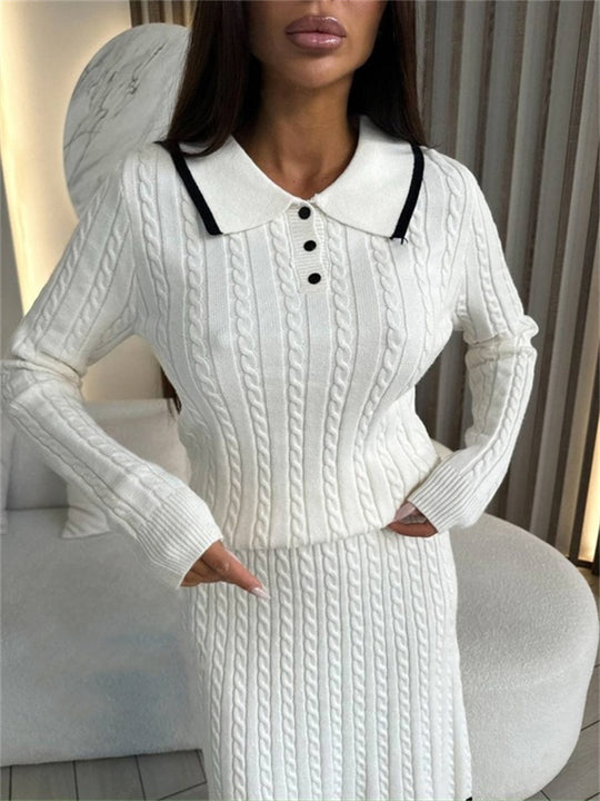 Damen Zweiteiliges Zopfstrick-Kleid mit Taillenbund und Polokragen EB