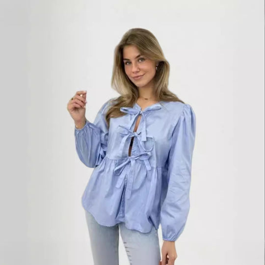 Damen Bluse mit Volantärmeln und Schleifenband EB
