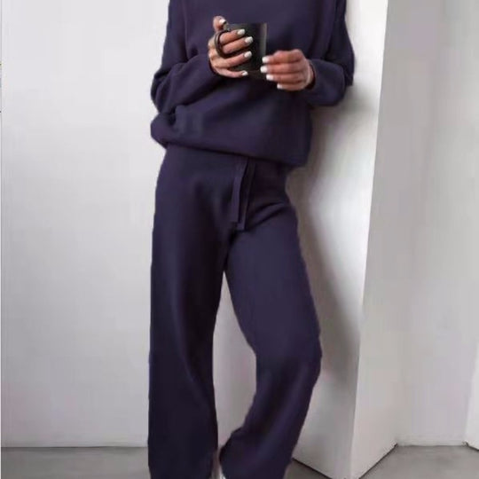 Damen kuscheliges Strick-Loungewear-Set mit weiten Hosen und elegantem Rundhalsausschnitt EB