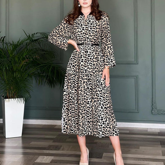 Damen Midikleid mit Tiermotiv und schickem Gürtel EB