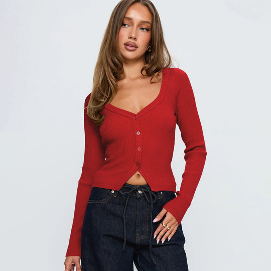 Damen Elegantes Ripp-Cardigan mit V-Ausschnitt und Knopfleiste EB