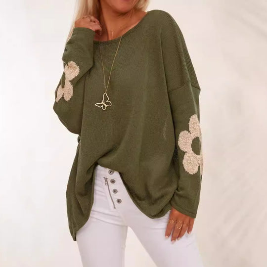 Damen grob gestrickter Pullover mit floralem Design und weitem Schnitt EB