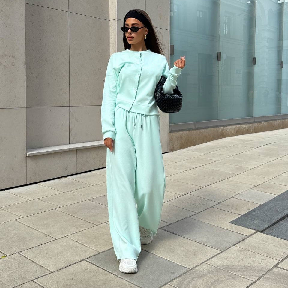 Damen Zweiteiliges Loungewear-Set mit verdeckter Druckknopf-Cardigan und weiten High-Waist Jogpants EB
