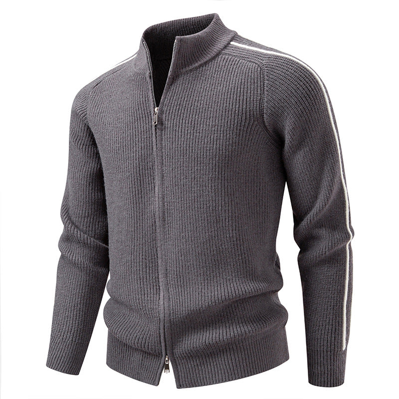 Herren nan Reißverschluss-Strickjacke mit Stehkragen, strukturierter Rippenoptik und kontraststreifen EB