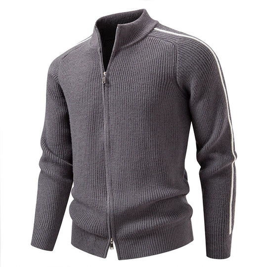 Herren nan Reißverschluss-Strickjacke mit Stehkragen, strukturierter Rippenoptik und kontraststreifen EB