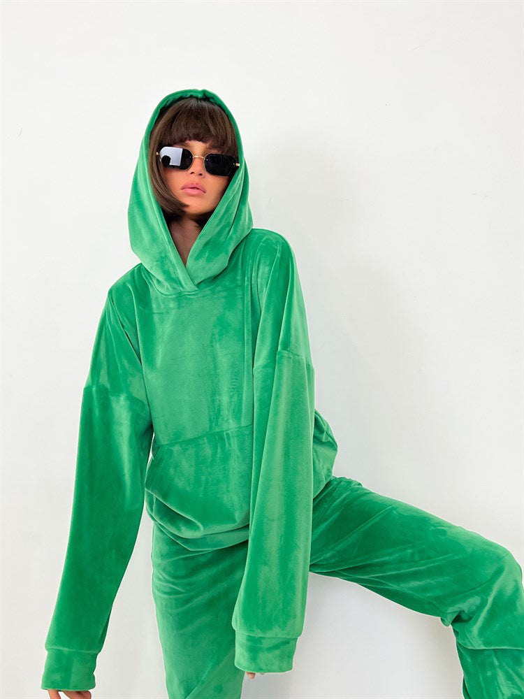 Damen bequemer Velours-Sweatanzug mit Kapuze und elastischem Bund EB