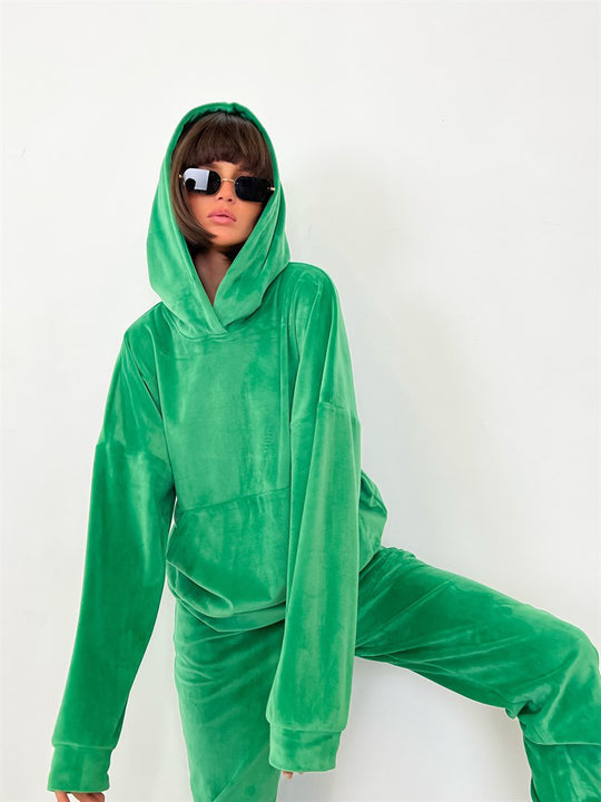 Damen bequemer Velours-Sweatanzug mit Kapuze und elastischem Bund EB