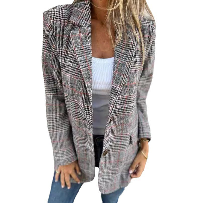 Damen nan oversized Karoblazer mit Reverskragen und aufgesetzten Taschen EB