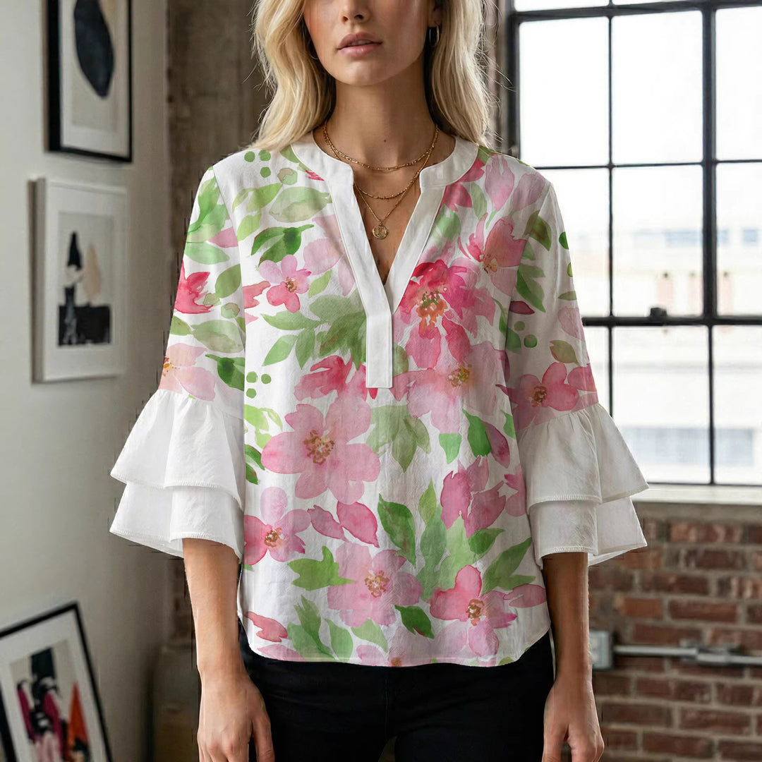 Damen Bluse mit voluminösen Rüschenärmeln und floralem Druck EB