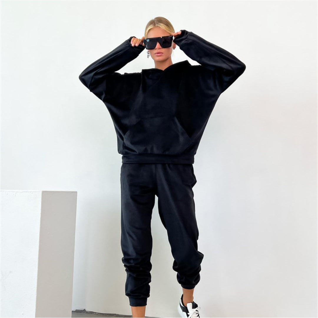 Damen bequemer Velours-Sweatanzug mit Kapuze und elastischem Bund EB
