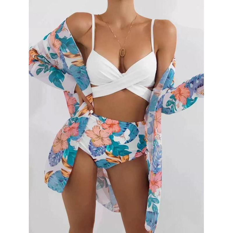 Damen Bikini-Set mit hochgeschnittenem Slip und floralem Kimono EB