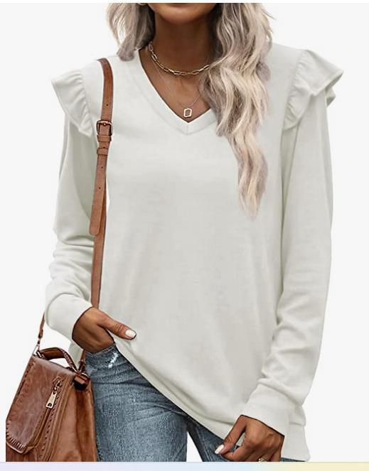 Damen V-Ausschnitt Langarmshirt mit Rüschendetails und lockerem Schnitt EB