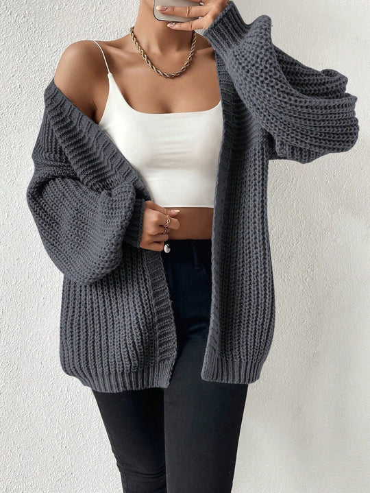 Damen nan Oversize-Strickcardigan mit grobem Waffelstrick, offener Front und voluminösen Ballonärmeln EB