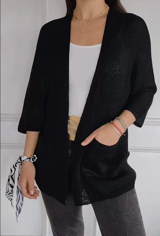 Damen lässige Strickjacke mit offener Vorderseite und praktischen Taschen EB