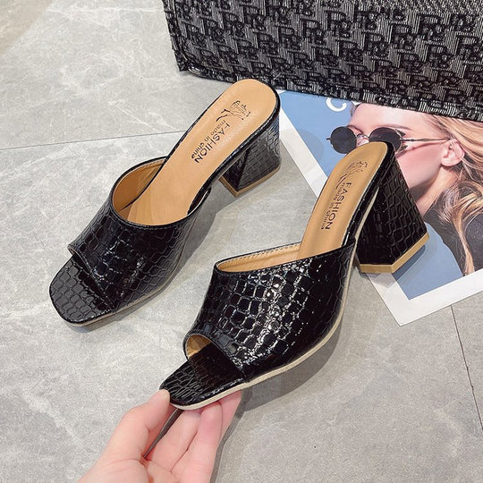 Damen Schicke Peeptoe-Pantoletten aus hochwertigem Leder mit Kroko-Optik EB