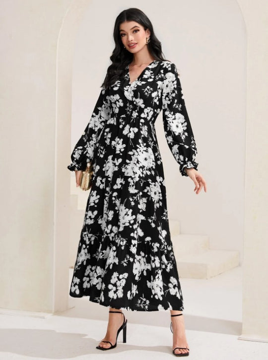 Damen Elegantes Maxikleid mit floralen Details und V-Ausschnitt EB