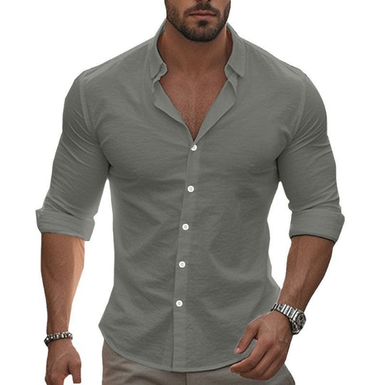 Herren nan tailliertes Stretch-Hemd mit Stehkragen, Slim-Fit und aufgerollten Ärmeln EB