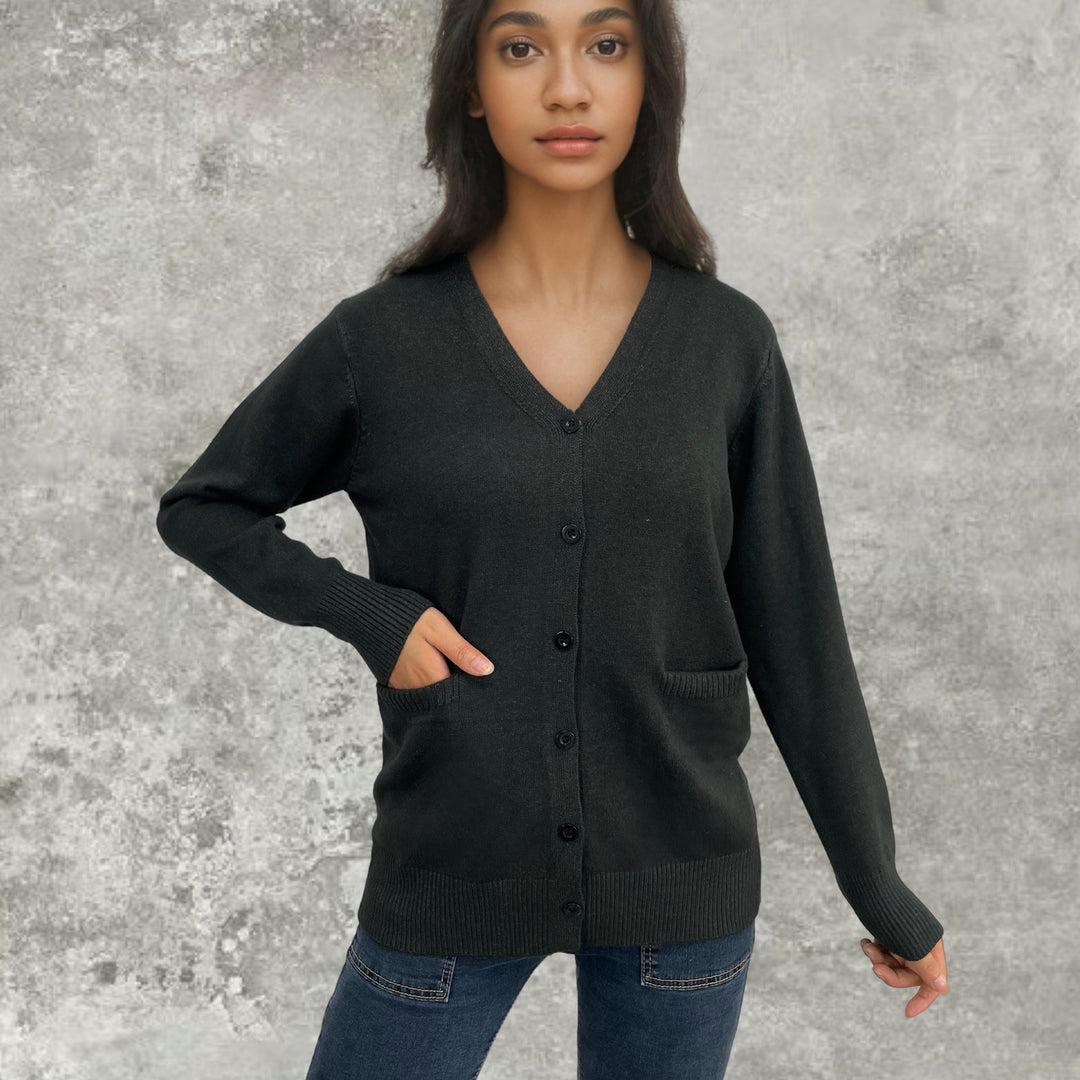 Damen elegante Strickjacke mit praktischen Taschen und feiner Knopfleiste EB
