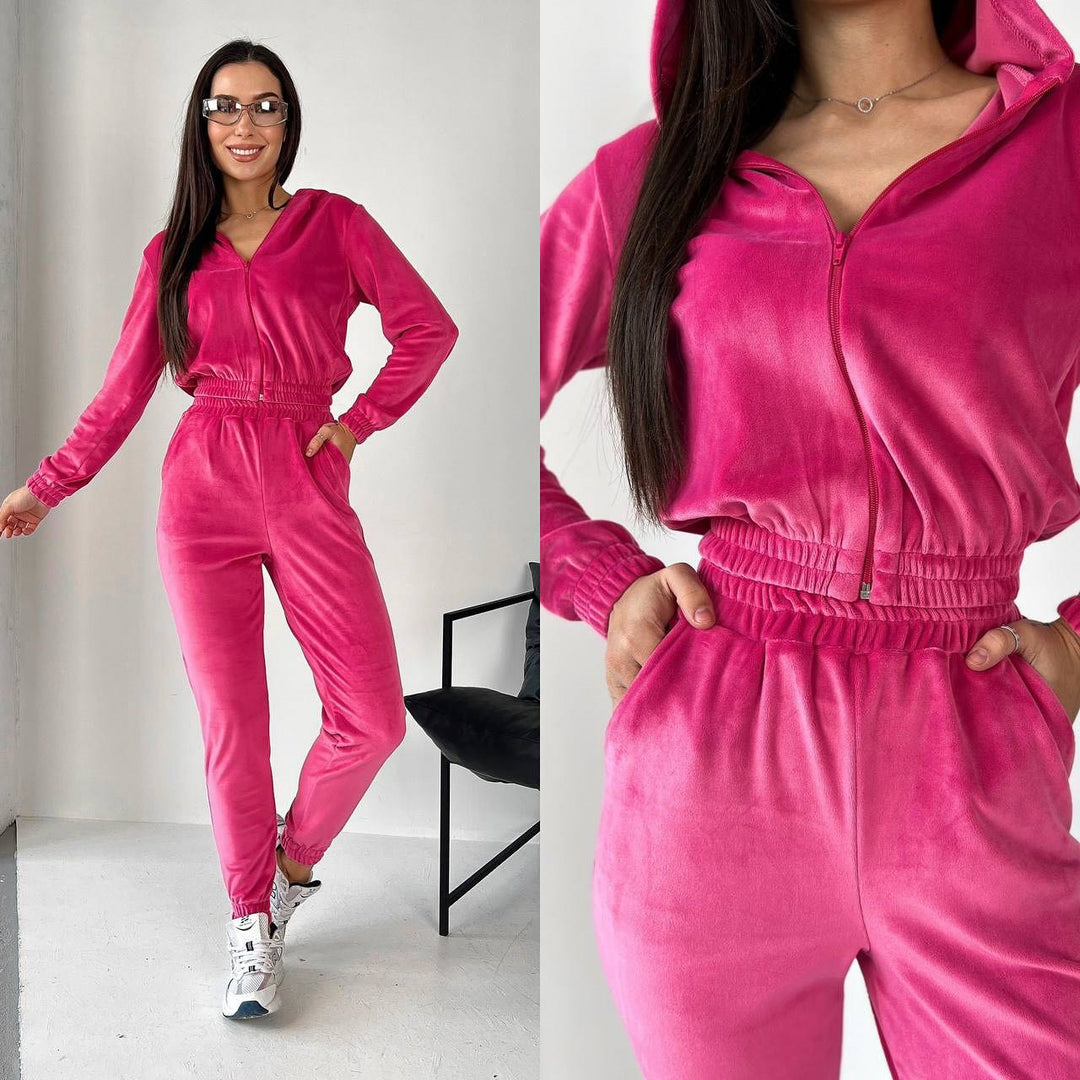 Damen Sportliches Fleece-Loungewear-Set mit Kapuze und tailliertem Schnitt EB