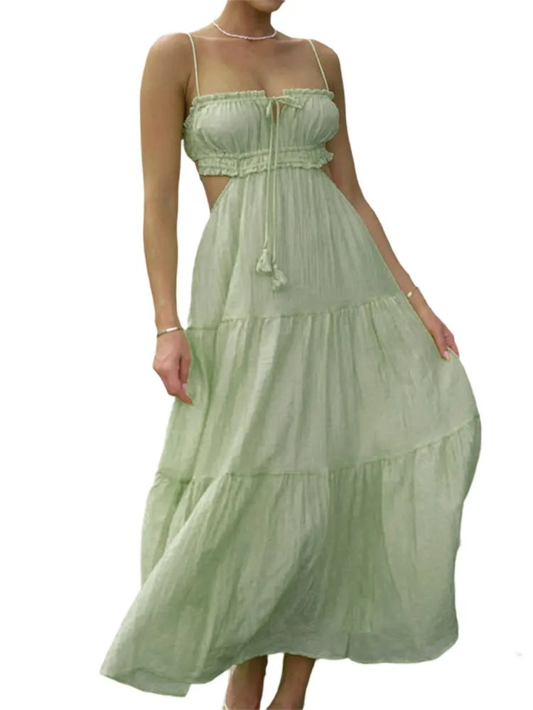 Damen luftiges Maxikleid mit Rüschendetails und verstellbarem Taillenband EB