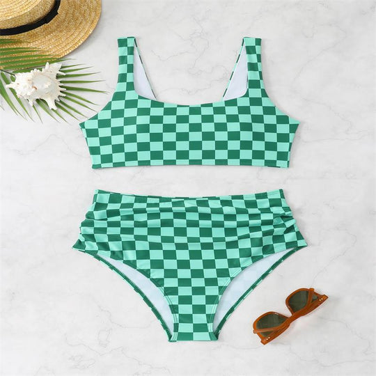 Damen Bikini-Set mit modischem Karomuster und hohem Taillenschnitt EB