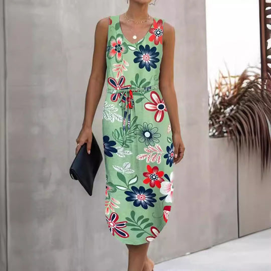 Damen Sommerliches Maxikleid mit floralem Muster und praktischen Taillenschnürung EB