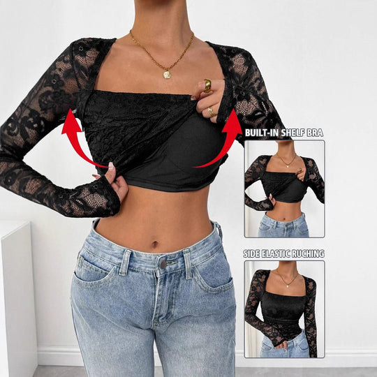 Damen Spitzen-Bodysuit mit quadratischem Ausschnitt und langen Ärmeln EB