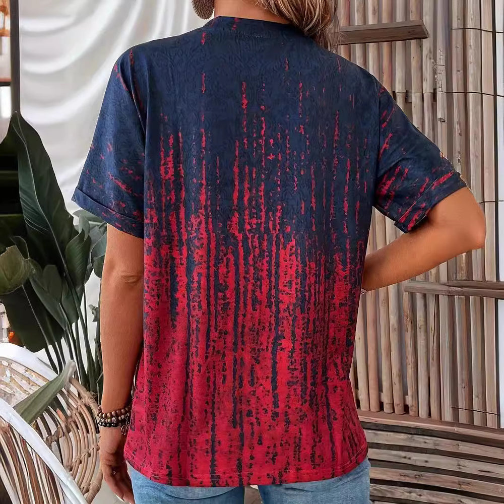 Damen Kurzarm Bluse mit Knopfleiste und grafischem Muster EB
