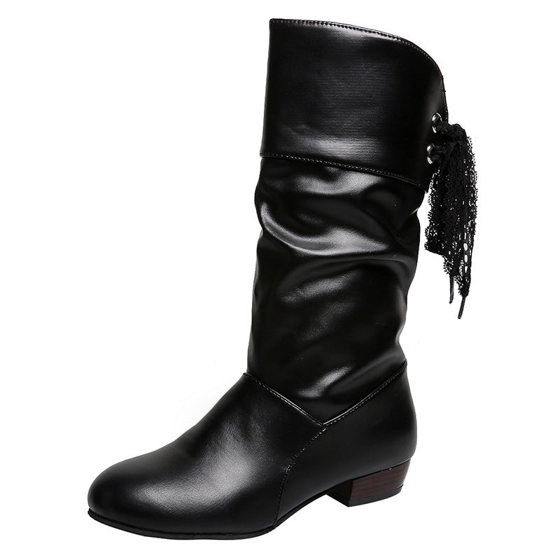 Damen  knielange Stiefel mit rückseitiger Schnürschleife, gerafftem Schaft und flachem Blockabsatz EB