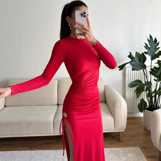 Damen elegantes, figurbetontes Kleid mit Raffungen und hohem Schlitz EB
