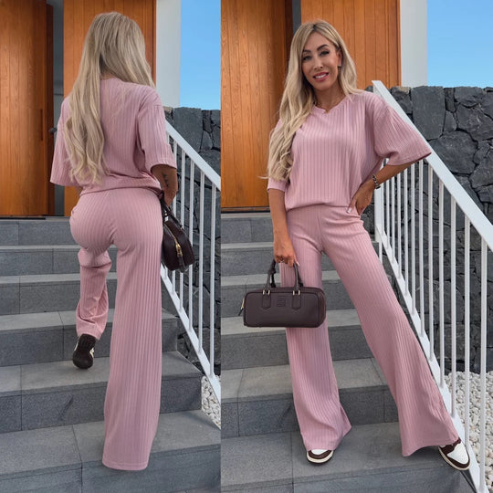 Damen Feines Rippstrick‑Zweiteiler mit Relaxed‑Crewneck und ausgestellter Palazzo‑Hose EB