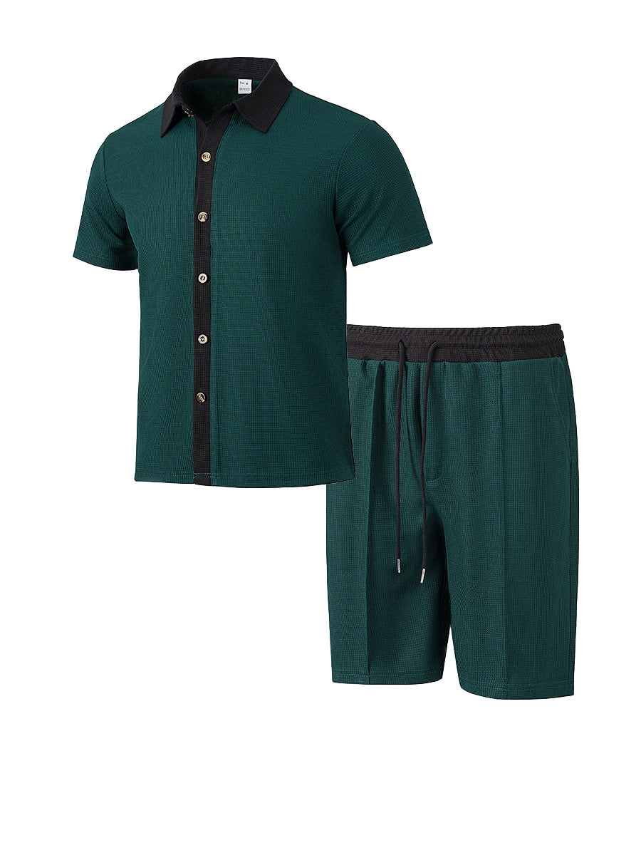 Herren nan modernes Freizeit-Set aus feinem Strukturjersey mit Hemdkragen-Knopfleiste und Kordel-Shorts EB