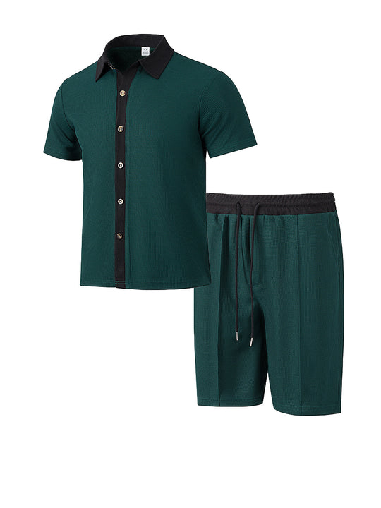 Herren nan modernes Freizeit-Set aus feinem Strukturjersey mit Hemdkragen-Knopfleiste und Kordel-Shorts EB