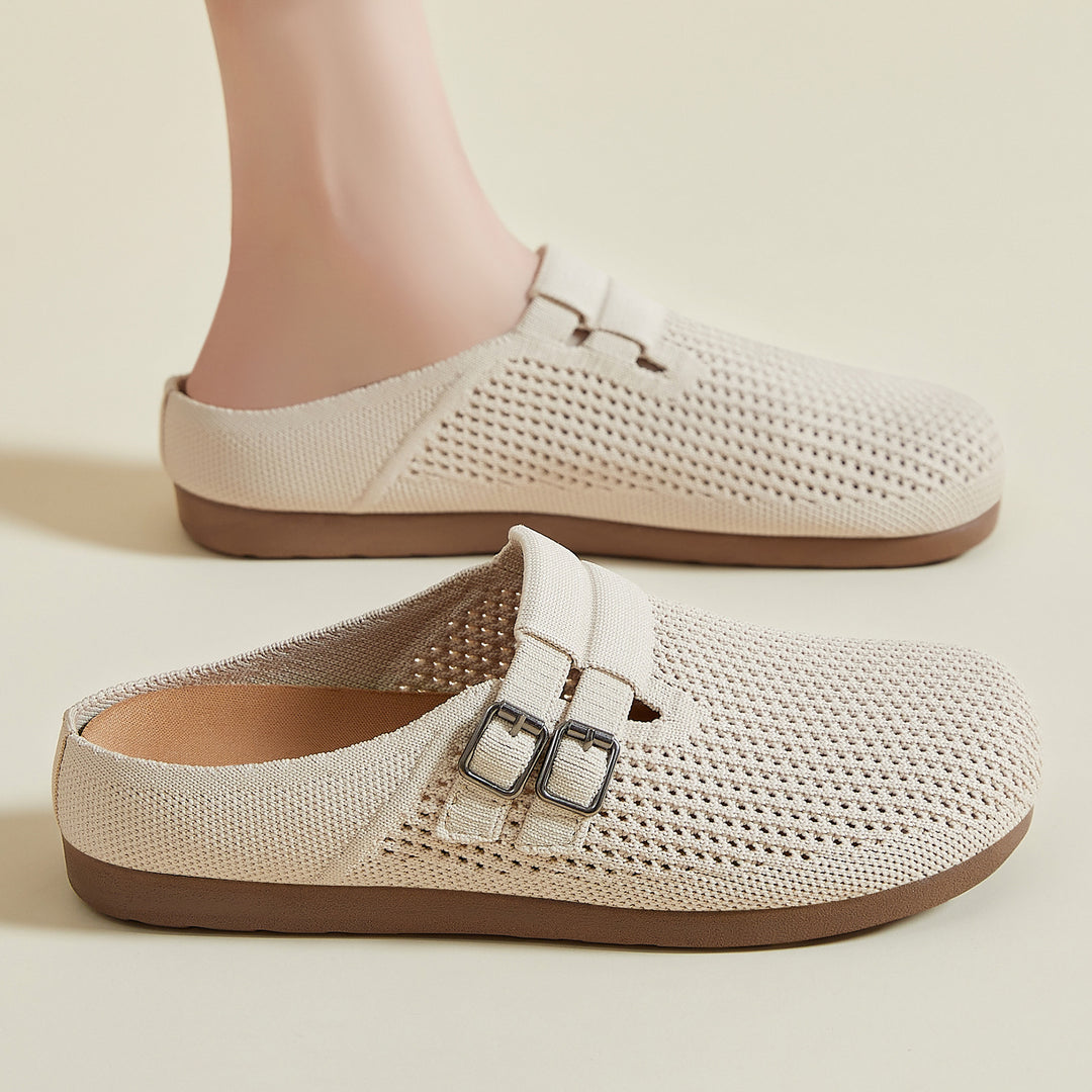 Damen nan gestrickter Clog-Mule mit doppelter Metallschnalle, atmungsaktivem 3D-Strickoberteil und ergonomischem Memory-Fußbett EB