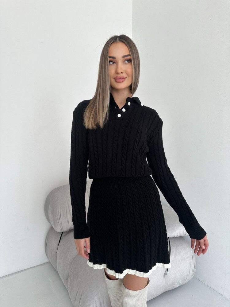 Damen nan Kabelstrick-Set mit Polo-Kragen und ausgestelltem A-Linien-Rock EB