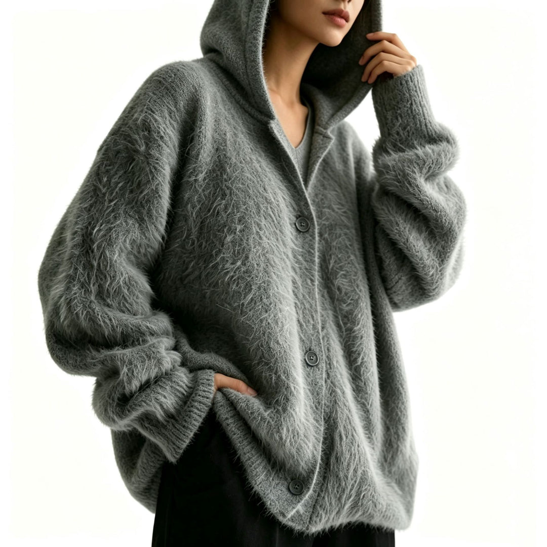 Damen Flauschiger Kapuzen-Cardigan im Mohair-Look mit Knopfleiste EB