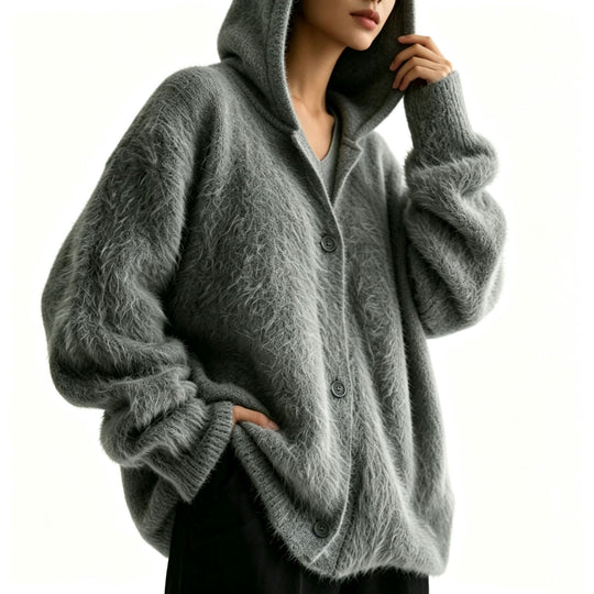 Damen Flauschiger Kapuzen-Cardigan im Mohair-Look mit Knopfleiste EB