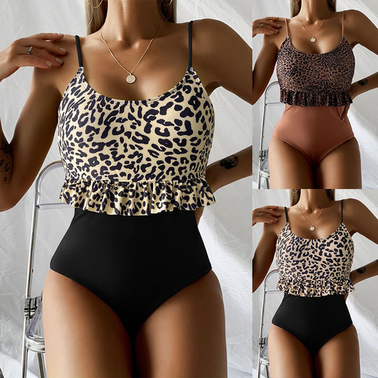 Damen Einteiliger Badeanzug mit trendigem Rüschendesign und Animalprint EB