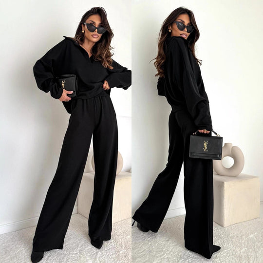 Damen Loungewear-Zweiteiler mit Hemdkragen-Cropped-Sweatshirt und weiter Palazzo-Hose Eichborn Berlin