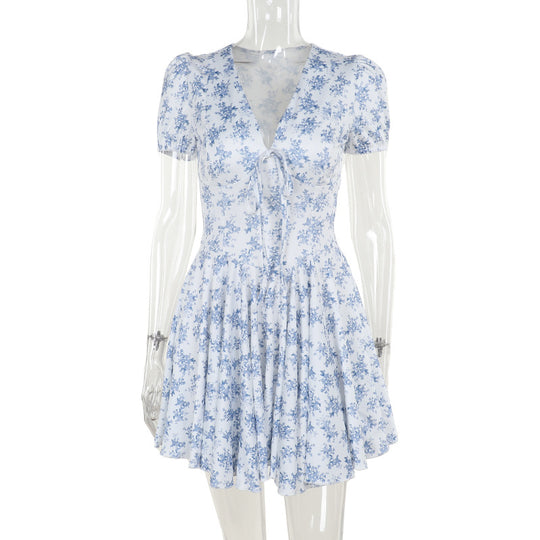 Damen verspieltes Blumenkleid mit voluminösem Rock und taillierter Taille EB