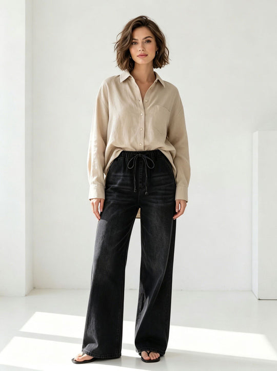 Damen nan Relaxed-Fit Denim-Hose mit elastischem Tunnelzugbund, dezentem Used-Effekt und weitem Bein EB